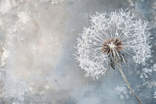 Frost-covered dandelion seed head on a textured gray background. Winter nature photography.