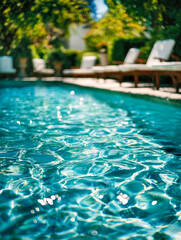 Close-up view of sparkling blue water in an outdoor pool with sunlit lounge chairs and lush greenery creating a relaxing summer atmosphere