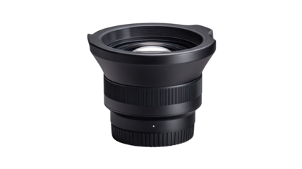 Close-up of a dark gray camera lens.  Rounded, wide-angle lens with metallic elements.  Focus rings and aperture control visible.  High-quality, professional look