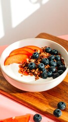 Yogurt parfait with granola, peach slices, and blueberries