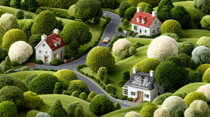 Charming miniature village scene with quaint houses nestled among vibrant green hills and whimsical trees, evoking a peaceful, idyllic countryside.