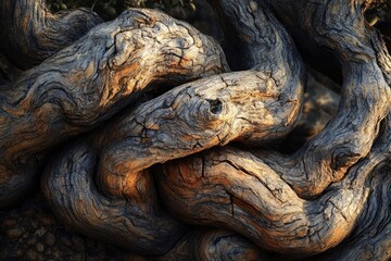 Intricate, aged tree trunk with deeply textured, swirling wood grain, illuminated by warm sunlight.