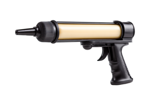 A close-up of a caulking gun, light beige/cream-colored cartridge, black handle
