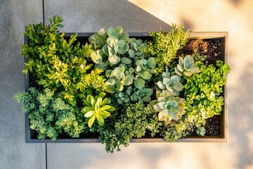 A rectangular planter brimming with diverse succulents and greenery, bathed in sunlight.