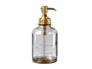 Clear glass bottle with gold accents.  A simple, clear glass bottle with a gold-toned pump dispenser and graduated markings