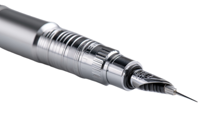 Close-up of a metallic fountain pen, highlighting its intricate mechanism and nib.  The pen's body is a polished, light gray metal, with textured bands.  A detailed nib with a fine point is visible