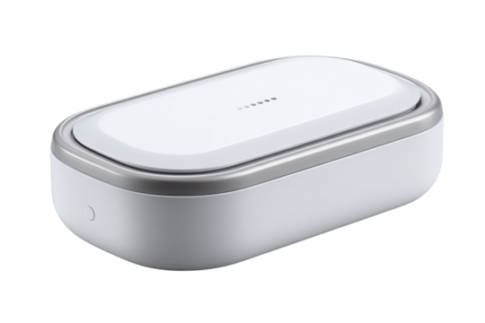 White portable cleaning container with silver accents.  Compact, rectangular,  and slightly oval-shaped.  Features a lid and a light