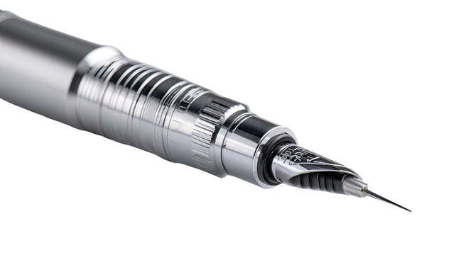 Close-up of a metallic fountain pen, highlighting its intricate mechanism and nib.  The pen's body is a polished, light gray metal, with textured bands.  A detailed nib with a fine point is visible