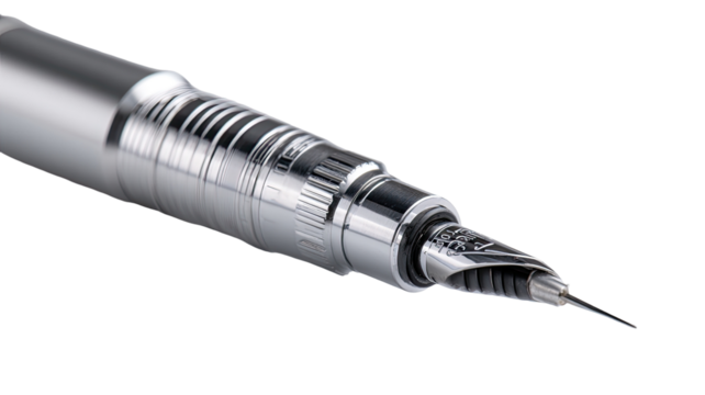 Close-up of a metallic fountain pen, highlighting its intricate mechanism and nib.  The pen's body is a polished, light gray metal, with textured bands.  A detailed nib with a fine point is visible