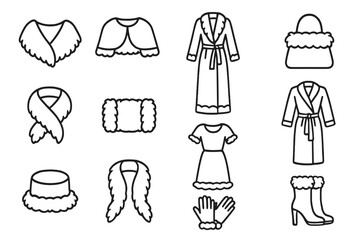 Luxury Fur Fashion Icons. Line style icons of luxury fur fashion: fur shawl, fur capelet, fur floor-length coat, fur handbag; fur