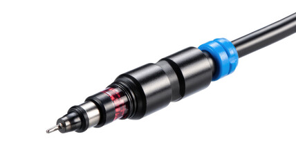 Close-up of a precision mechanical component.  A dark-colored, tapered, cylindrical piece with a textured surface, likely part of a high-precision machinery system.