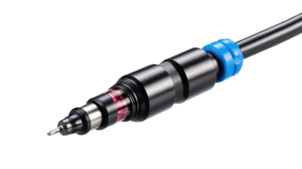 Close-up of a precision mechanical component.  A dark-colored, tapered, cylindrical piece with a textured surface, likely part of a high-precision machinery system.