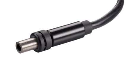 Close-up of a black cable with a metal connector and rubber grommets