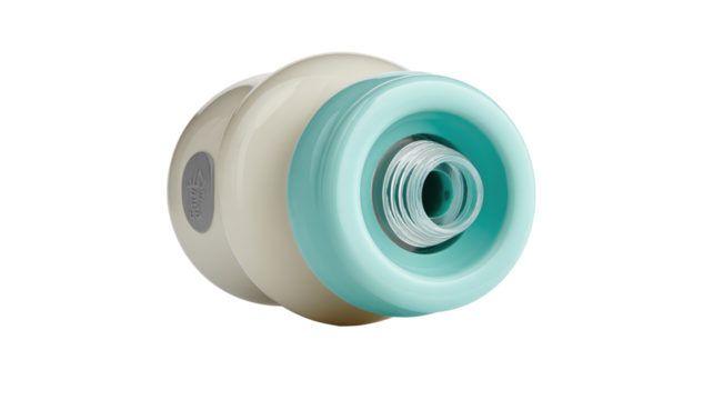 Close-up of a light beige and teal-colored device.  A small, circular, light beige base has a teal-colored top with a spiraled, transparent tube