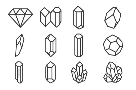 Mineral Line Art Icons. Line style icons of hard minerals: diamond tip, corundum twin, topaz crystal, spinel shard; quartz spike,