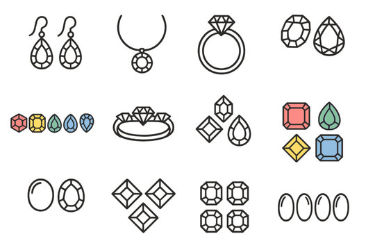 Gemstone Icon Collection. Line style icons of gem pairs and sets: matching ruby earrings, diamond necklace and ring, sapphire