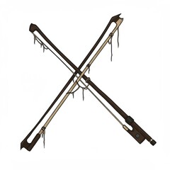 Two Worn Violin Bows Crossed on White Background