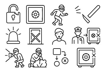 Failed Robbery Icons. Line style icons of attempted robbery: broken lock not open, vault untouched, thief caught mid-action, tool