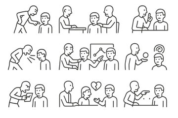 Interrogation Style Icons. Line style icons of interrogation styles: aggressive stance, calm questioning, leading question,