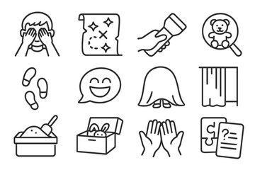 Children's Search Icons. Line style icons of children’s search games: hide and seek icon, treasure map with stars, flashlight in