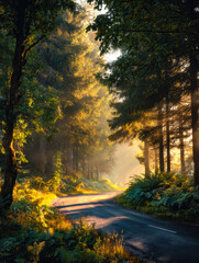 Obraz premium Serene forest road illuminated by morning sunlight through lush trees