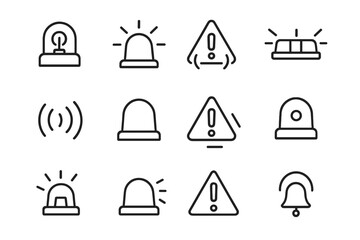 Emergency Icon Collection. Line style icons of emergency sirens: rotating beacon light, flashing siren icon, warning symbol with