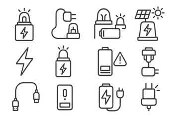 Fototapeta premium Power and Battery Icons. Line style icons of power and battery for sirens: battery icon with light, charging port for beacon, low