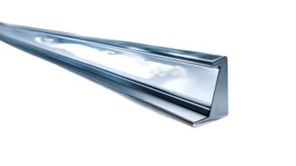 Close-up of a metallic U-shaped beam.  A section of a  polished,  industrial  metal  profile.  A  deformed  or  damaged  area