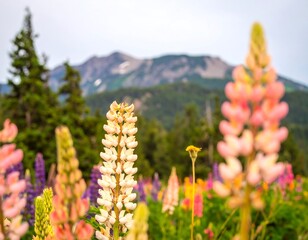 Colorful wildflowers in a meadow with mountains in the background