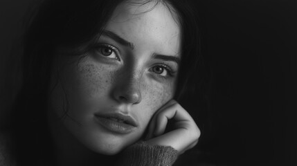Fototapeta premium Young woman with freckles resting chin on hand in soft light 