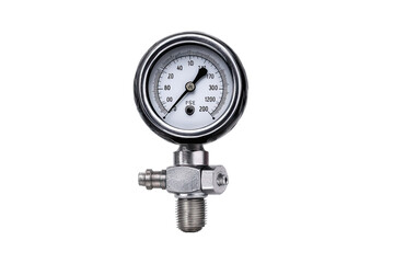 Close-up of a pressure gauge with a stainless steel body and a white dial.  The gauge has a circular face with markings for pressure readings.  A threaded fitting is connected to the gauge