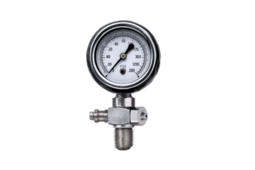 Close-up of a pressure gauge with a stainless steel body and a white dial.  The gauge has a circular face with markings for pressure readings.  A threaded fitting is connected to the gauge