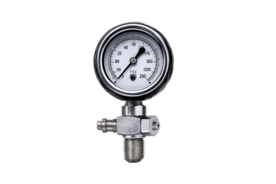 Close-up of a pressure gauge with a stainless steel body and a white dial.  The gauge has a circular face with markings for pressure readings.  A threaded fitting is connected to the gauge