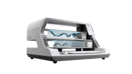 Modern, light gray scientific device with internal DNA/RNA strands