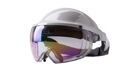 Light-gray/white helmet with clear, tinted visor.  Modern, protective gear.  Rounded shape.  Visible lens, possibly AR/VR