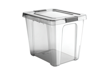 Clear plastic storage bin with gray lid