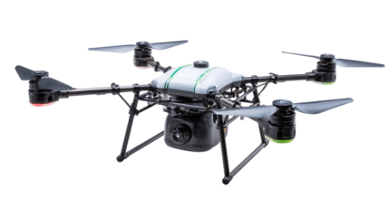 Quadrotor drone, black frame, white/green accents