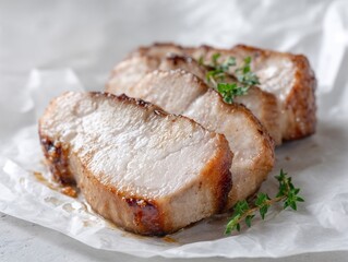 Juicy grilled pork chops with herbs on parchment paper