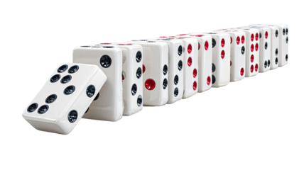 A row of dominoes, leaning against each other, with a slightly tilted domino in front