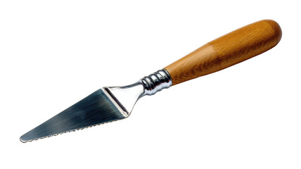 A metal painting palette knife with a wooden handle. The blade is pointed, and the handle is smooth and oblong