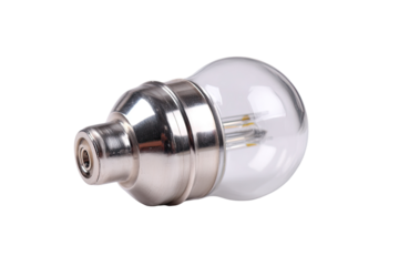 Close-up of a small, round LED light bulb.  Metal, chrome-like casing surrounds a clear glass globe.  Visible LED components inside