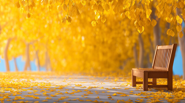 A beautiful pathway adorned with bright yellow leaves showcases a wooden bench under a canopy of golden foliage. Sunlight filters through the trees, creating a warm autumn atmosphere