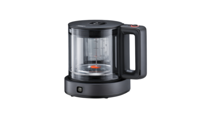 Compact, dark gray electric kettle with clear glass body.  Features a circular base,  handle, and a visible heating element