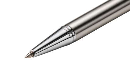 Close-up of a pen's metallic tip, gleaming against a black background. The tip shows a precise point and a slightly textured surface.