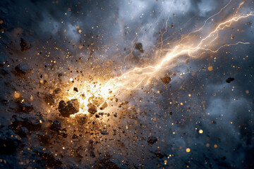 Stunning depiction of a lightning bolt amidst cosmic particles and glowing energy in space