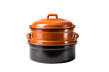 Orange and black double-boiler.  A nested cooking pot.  A vibrant orange top pot sits atop a dark brown, or black, bottom pot.  Both have metal handles