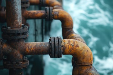 Close-up of rusty pipes near turbulent water, showing corrosion and age.