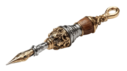 Ornate,  bronze-and-wood writing instrument.  A decorative pen with a  bronze/gold-colored  body, detailed carvings, and a  wood inlay.  A metal loop at the top
