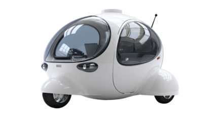 White, egg-shaped, futuristic vehicle.  Glossy finish.  Large, transparent windows.  Two-wheeled. Side view