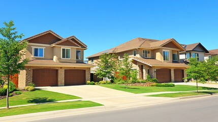 Obraz premium Suburban dream: Beautiful homes showcasing modern architecture and landscaping under a clear sky